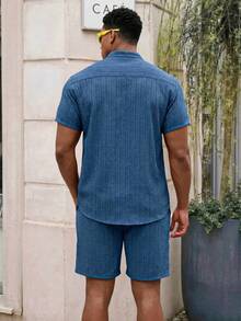 Manfinity EZcore Bộ đồ nam size lớn màu trơn áo sơ mi ngắn tay cài nút đơn và quần short đi biển, kỳ nghỉ - Màu xanh lam - Xem 2
