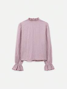 Nöista Blusa de rayas finas rosa con bordado de panal y volantes, estilo retro francés. Primavera, verano, otoño, top versátil, vuelta al colegio - Rosa - Ver 10