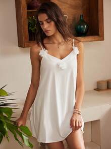 Lullawish Women's Simple Comfortable 3D Floral Decor Camisole Nightgown - White - View 4