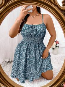 Elenzga Plus Ditsy Floral Print Tie Front Ruffle Hem Cami Dress Vacation Beach Outfits Women - Blue - View 3
