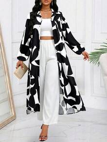 SHEIN Lady 女士几何印花长款衬衫和裤子休闲两件套，度假装 - 黑與白 - 查看 6