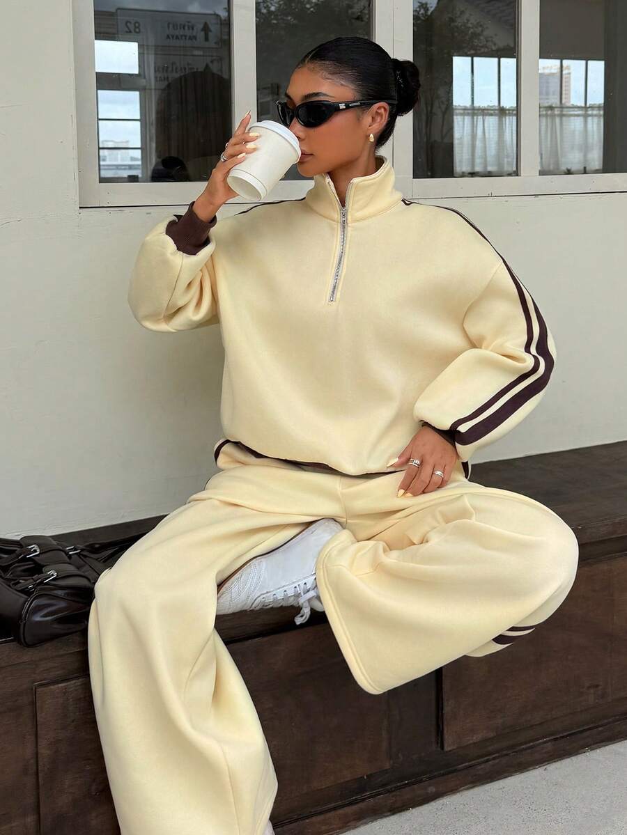 Muchica 2pcs Women's Back To School Color-Block Long-Sleeved Athletic Set, Featuring A Half-Zip Stand-Collar Top With Ribbon Detailing And Matching Trousers. - Multicolor - View 1