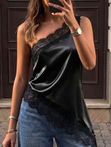 SHEIN Women's Minimalist Lace Patchwork Asymmetric Hem One Shoulder Blouse, Black, Summer Office Wear/Shirt - Black - View 3