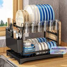 2-Tier Dish Drying Rack With Drainboard Set , Kitchen Accessory For Efficient Dish Drying And Organization - Multicolor - View 1