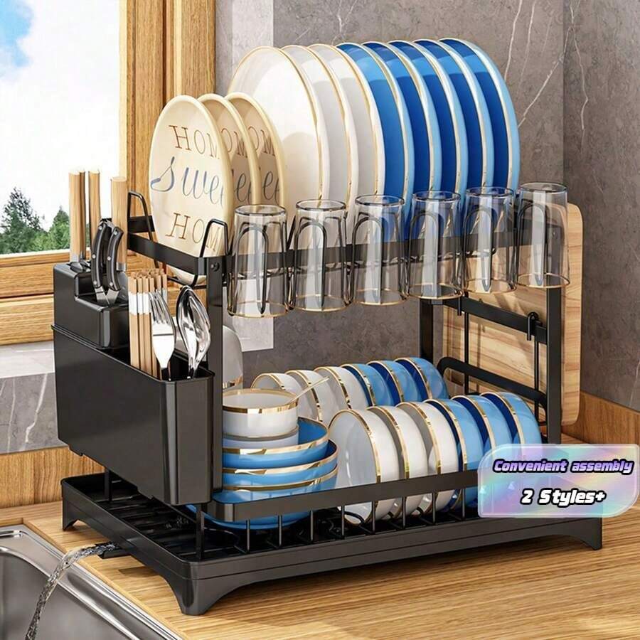 2-Tier Dish Drying Rack With Drainboard Set , Kitchen Accessory For Efficient Dish Drying And Organization - Multicolor - View 1