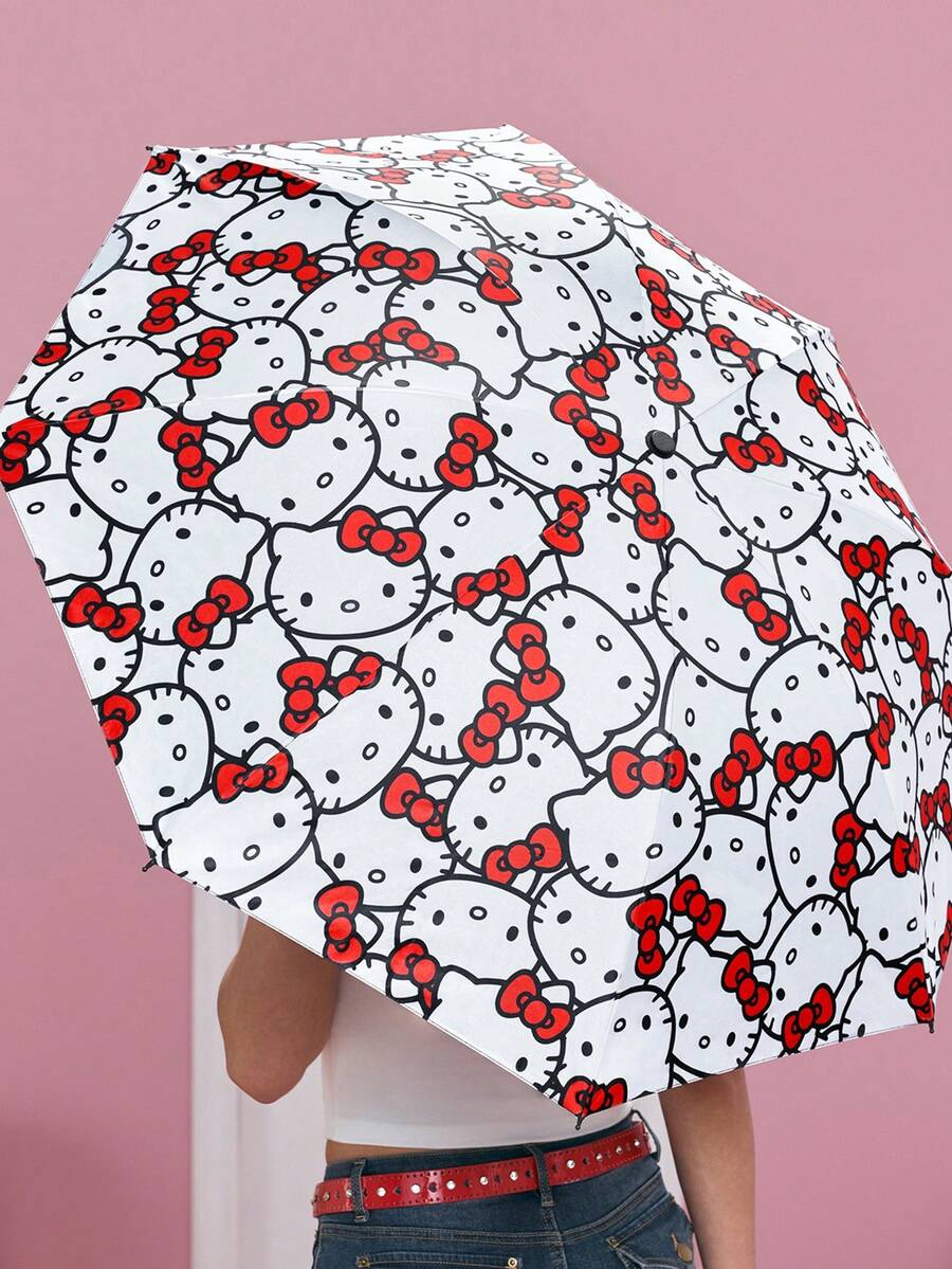 HELLO KITTY AND FRIENDS | SHEIN 可愛白色貓咪粉色蝴蝶結印花三折傘,防曬防雨雙用遮陽傘,輕巧便攜,適合旅行與日常使用 - 紅色 - 查看 1