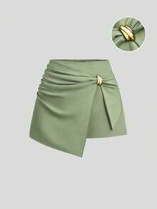 Sweetra Plus Size Women's Solid Color Metal Decor Casual Versatile Daily Skorts - Army Green - View 3