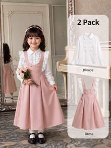 SHEIN Girls Arabic Elegant Princess School Uniform Ruffle Lace Blouse & Dress,Back-To-School,Cute,Vacation - Pink - View 8