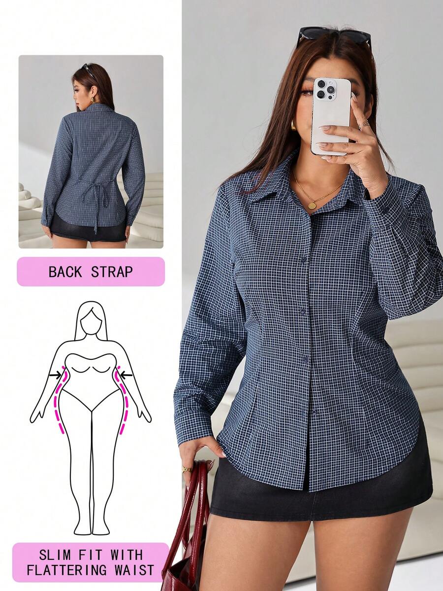 Solflare Plus Size Casual Commuter Plaid Tie Waist Shirt Fall - Multicolor - View 1