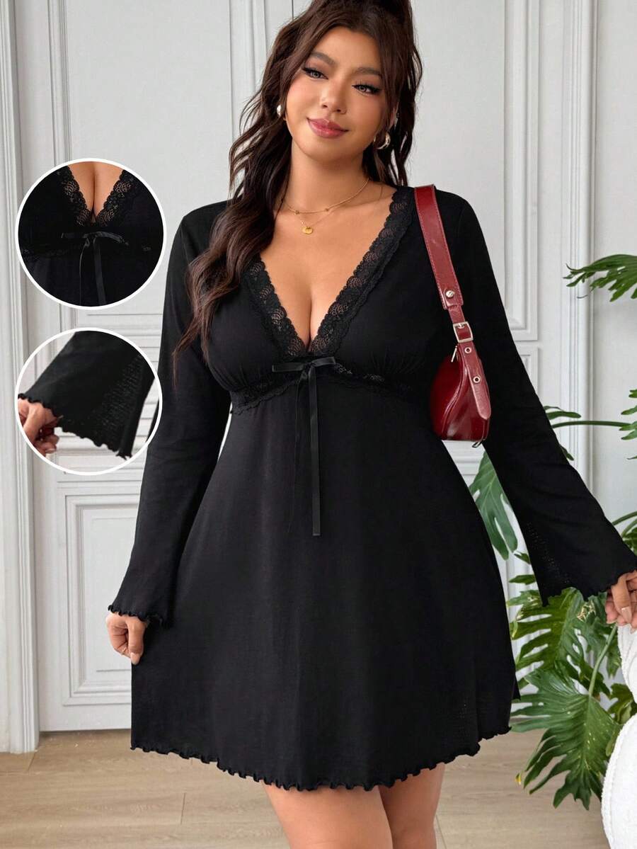 SHEIN EZwear 大尺碼女款蕾絲拼接蝴蝶結綁帶荷葉邊下擺洋裝 - 黑色 - 查看 1