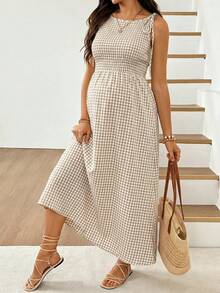SHEIN 孕婦格紋肩結無袖休閒洋裝 - 卡其色 - 查看 9