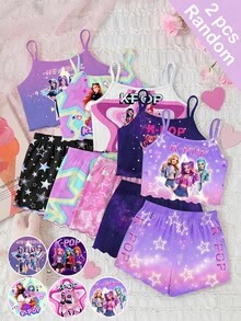 少女休閒簡約細肩帶上衣與短褲家居服套裝，適合夏季 - 彩色 - 查看 4