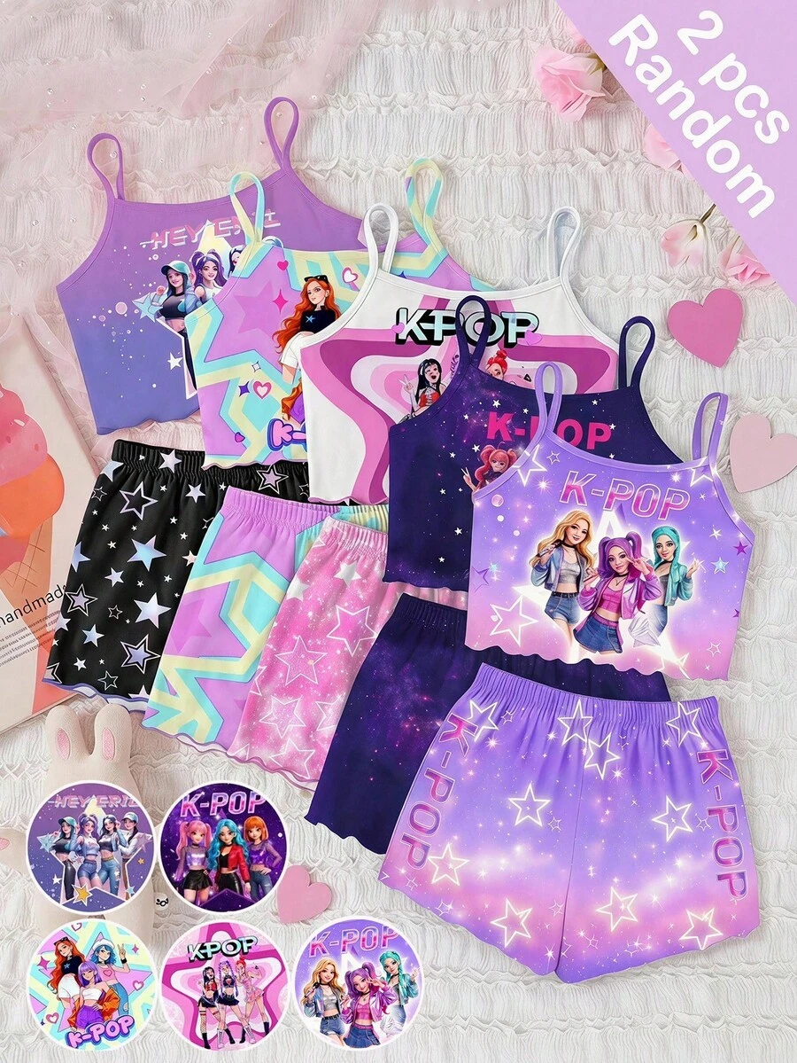 [5 Sets Random, 2 Sent] Young Girl Pajamas, Summer New Fashion Cute Cartoon K-POP Girl Print Knit Ruffle Camisole Top & Allover Print Shorts  Kids