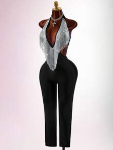 Amplova Women's Deep V Sexy Fitted Halter Neck Dark Style Tassel Jumpsuit - Black - View 3