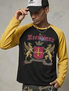 NEON BLANC Men's Contrast Color Patchwork Animal & Letter Print T-Shirt, Vacation, Father's Day Gifts, Football - Black - View 2