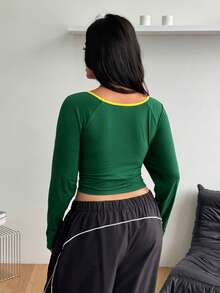 Coolane Damen Große Größen Herbst Streetwear Anti Social Smart Lässig Baggy Vintage Ausgehen Fitness Sport Club Urlaub Baumwolle Gelb Grün Farbblock Jersey Top - Grün - Übersicht 10