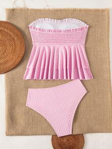 Swim Mod Berry Layered Ruffle Spaghetti Strap Bikini Top, Strapless Design With Front Gathered Detail, Double Layer Ruffle Belly Coverage Slimming, Tank Bikini Top For Beach, Pool And Vacation - Multicolor - View 2
