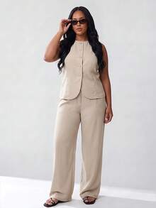 Solavibe Plus Size Women Solid Color Single-Breasted Button Up Shirt Top And Pants Casual Elegant Everyday 2 Pieces Set Dinner Office Formal Grey Summer - Khaki - View 7
