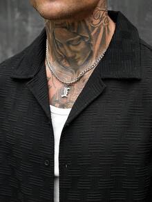 SLATEMANN 男士純色單排扣短袖襯衫與長褲套裝 - 黑色 - 查看 7