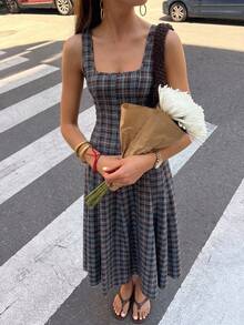 Serisse Damen Mode kariertes plissiertes ärmelloses Urlaubs-Kleid Brunch Picknick hellgrau Sommer französischer Vintage-Stil - Verschiedenfarbig - Übersicht 4