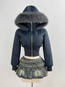 Elamini Women's Autumn/Winter Fashion Streetwear Apricot Vintage Patchwork Short Fleece Hooded Cinched Waist Stand Collar Long Sleeve Short Padded Coat - Green - View 5
