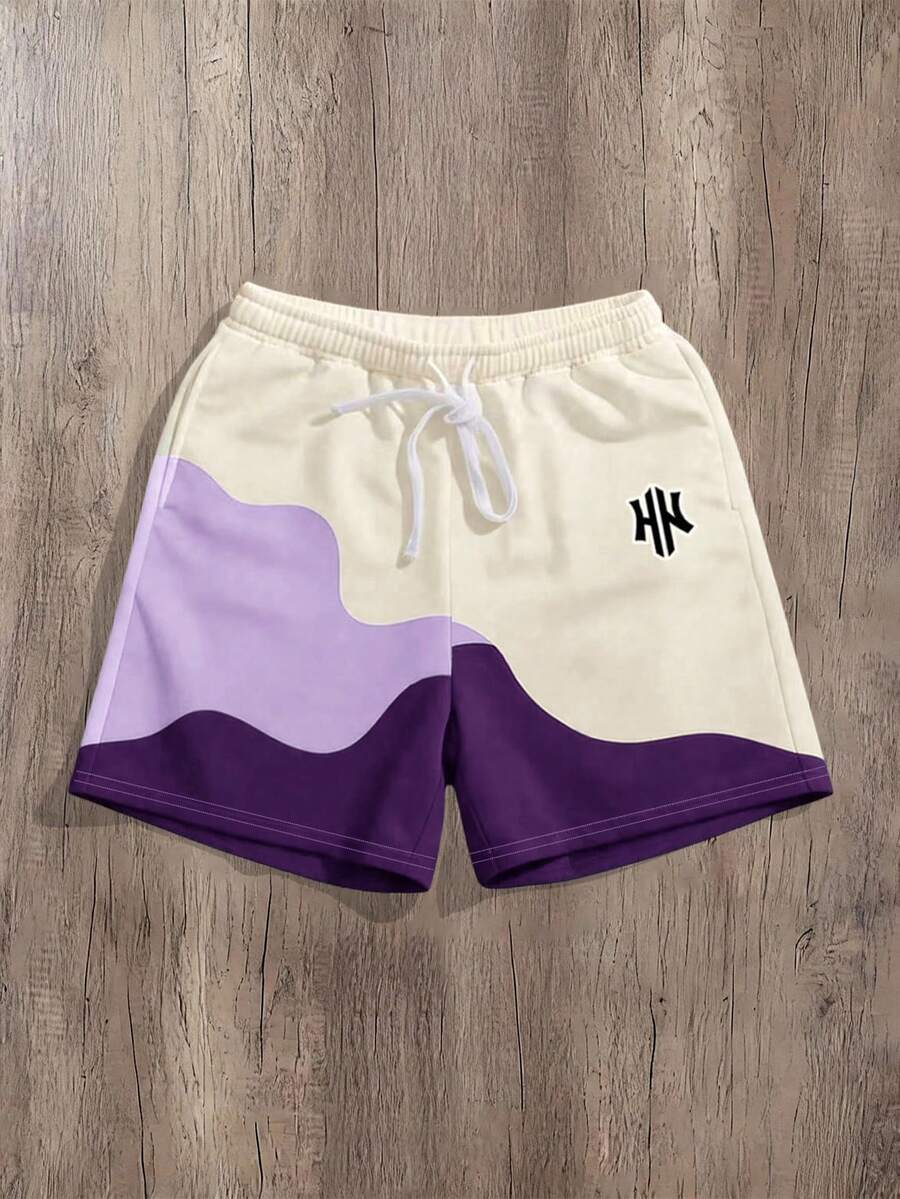 Manfinity Joysei Men's Colorblock Print Drawstring Waist Casual Shorts For Daily Wear And Vacation - Purple - View 1