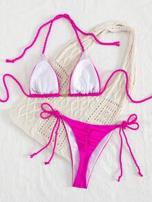 SHEIN New Europe & America Women Summer Beach Outfits, Macrame Tie Solid Color Triangle Bikini Swimwear 2 Pieces Set - Hot Pink - View 3