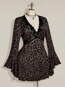 SHEIN ICON 女款大尺碼蕾絲拼接豹紋性感約會洋裝 - 棕色 - 查看 5