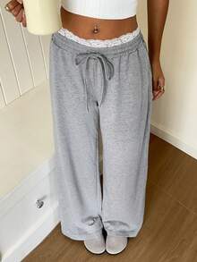 SHEIN EZwear 女款蕾絲飾邊抽繩腰休閒百搭日常穿著長褲 - 淺灰色 - 查看 4