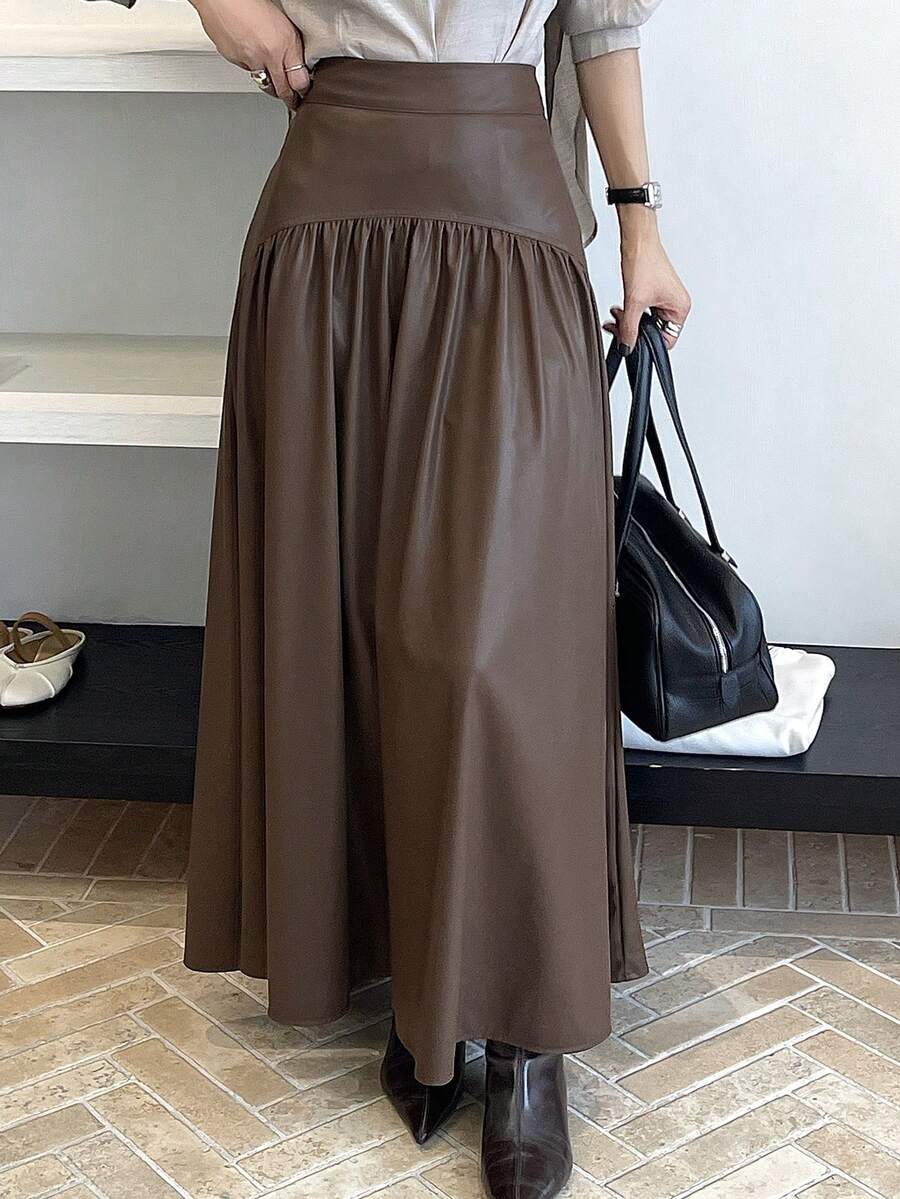 DAZY Women's PU Leather Casual Long Skirt - Brown - View 1