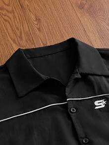 SWAVVY Conjunto de camisa de manga corta con rayas bordadas y abotonadura sencilla y pantalones cortos con cintura de cordón para hombre - Negro - Ver 5