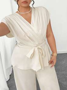 Elenzga Plus Size Simple V-Neck Pleated Tie Tank Top And Loose Wide Leg Pants Set - Apricot - View 4