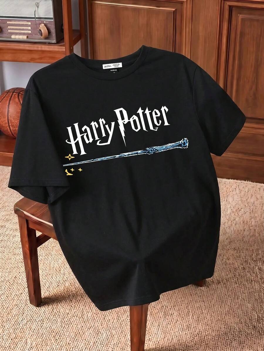 HARRY POTTER X SHEIN Men's Casual Letter & Magic Wand Print Short Sleeve T-Shirt, Summer - Black - View 1