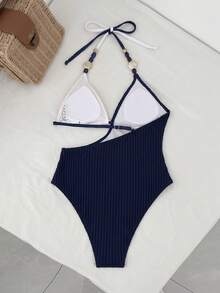 Swim SXY 性感亮面布料拼色串珠飾邊三角連身泳衣 - 彩色 - 查看 5