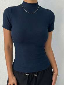 DAZY Women's Solid Color Turtleneck Fitted Undershirt - Navy Blue - View 2