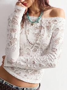 Bohemela Casual Boho Country Grunge Solid Color Knit Off-Shoulder Women's T-Shirt Concert Music White Autumn - White - View 3