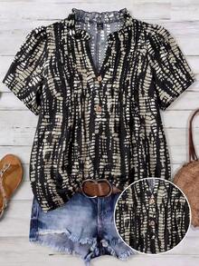 Hourglow Plus Size Summer Casual Shorts Sleeve Allover Print Boho Blouse - Black - View 1