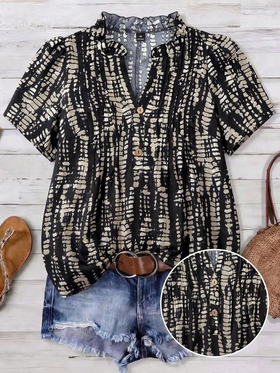 Hourglow Plus Size Summer Casual Shorts Sleeve Allover Print Boho Blouse - Black - View 1