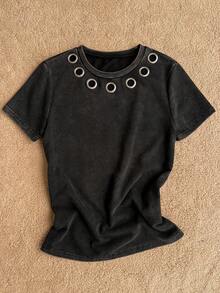 Attitoon Women's Summer Casual Washed Metal Decor T-Shirt - Black - View 5
