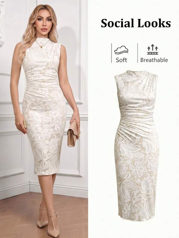 Ellevyn Women's Summer Elegant Modest Faux Lace Print Sleeveless Fitted Midi Dress Party Dinner Date Formal Beige Wedding