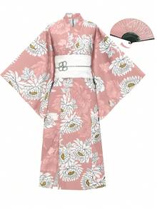 Irokai 女款花卉印花和服襯衫與吊帶洋裝浴衣套裝，度假風，桃紅色，夏季傳統文化風 - 粉色 - 查看 5