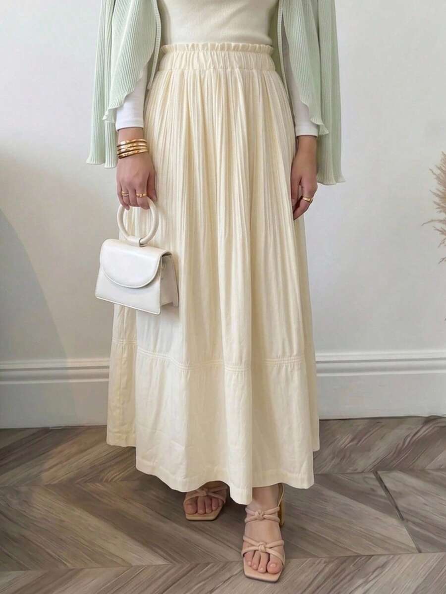 Solavon Rok Midi Liburan Elegan Serbaguna Berlipit Model A-Line Pinggang Tinggi Terbaru
