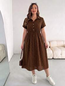 SHEIN Essnce 大尺碼女款波點印花短袖口袋休閒洋裝，1960s 90s 風格，適合夏季音樂會，巧克力棕色 - 彩色 - 查看 3