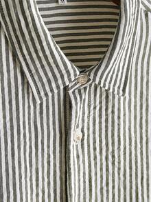 Core Aspect Vintage Green Fine Vertical Striped Linen Shirt For Men, Shirt Collar, Long Sleeve, Simple Casual Business Commute Shirt, Solid Color Long Pants Set - Green - View 4