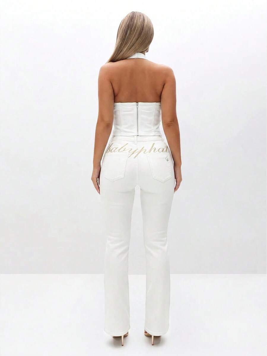 BABYPHAT Low Waist Stretch Denim Bootcut Flare Jean With Signature Logo Waistband Detail Spring Summer Vintage Y2K Style - White - View 1