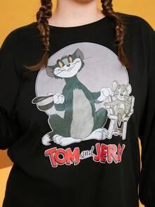 TOM & JERRY X SHEIN 卡通字母图案落肩不对称下摆 T 恤 - 黑色 - 查看 5