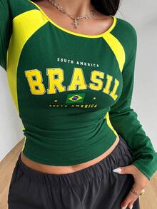 Coolane Damen Große Größen Herbst Streetwear Anti Social Smart Lässig Baggy Vintage Ausgehen Fitness Sport Club Urlaub Baumwolle Gelb Grün Farbblock Jersey Top - Grün - Übersicht 9