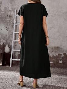 EMERY ROSE Plus Size Women's Black Boho Summer Autumn Casual Vacation Round Neck Short Sleeve Pocket Loose Flowy Long Dress,Simple Fashionable Holiday Outfits - Black - View 2