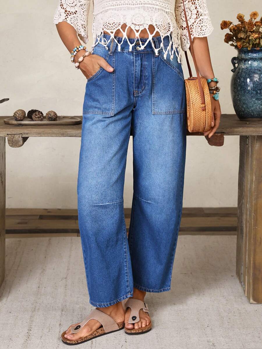 EMERY ROSE Women's Loose Tapered Casual Versatile Denim Jeans With Pockets - Blue - View 1