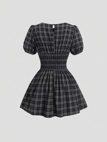 Sweetra Spring/Summer French Vintage Plaid Fashion Design Puff Short Sleeve Waist-Cinching Slimming Preppy Casual Short Dress For Women - Blue - View 2